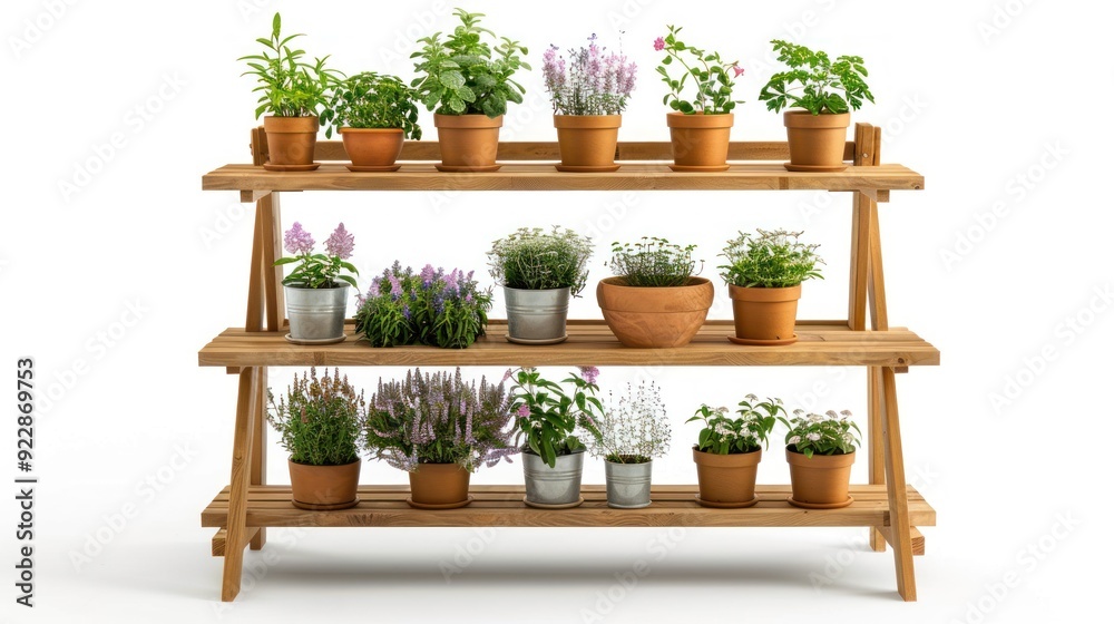 Multi-tiered garden shelf with herb and flower pots, isolated on white background. Multi-tiered garden shelf with herb and flower pots, isolated on white background.