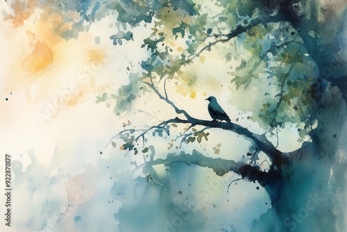 Watercolor painting of a bird on a tree branch, with soft, tranquil colors and a peaceful atmosphere.