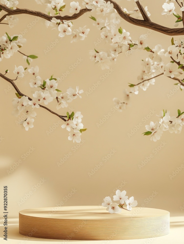 Geometric empty podium wooden platform stand for product presentation and spring flowering tree branch with white flowers on pastel beige background with generative ai Geometric empty podium wooden platform stand for product presentation and spring flowering tree branch with white flowers on pastel beige background with generative ai