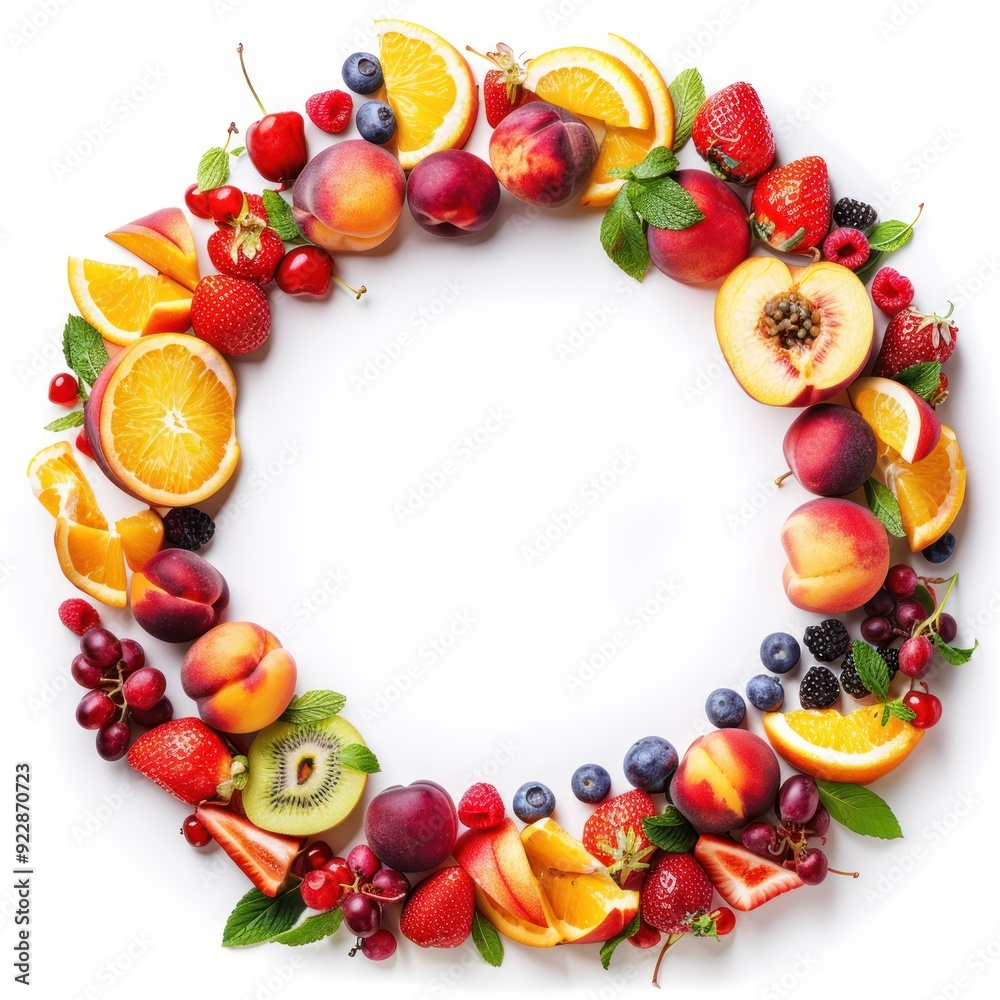 A circular arrangement of various fruits, showcasing vibrant colors and freshness. A circular arrangement of various fruits, showcasing vibrant colors and freshness.