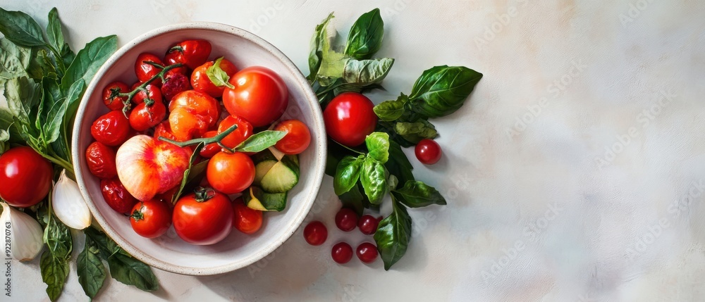 Fresh tomatoes and basil arranged in a bowl, perfect for culinary themes and healthy recipe presentations. Fresh tomatoes and basil arranged in a bowl, perfect for culinary themes and healthy recipe presentations.