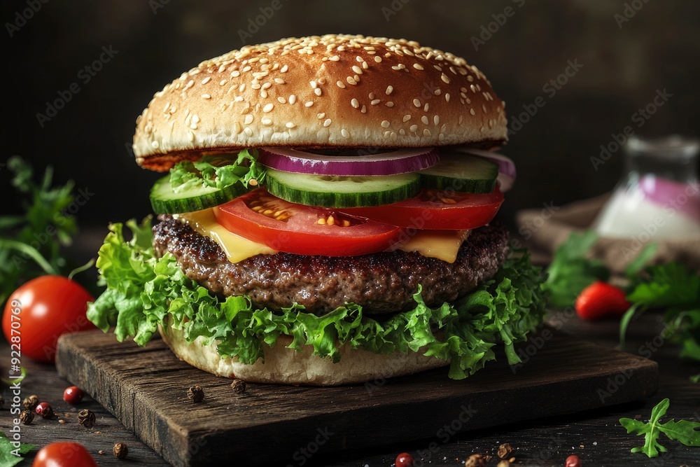 Fresh, delicious burgers with a beef patty, lettuce, onions, tomatoes and cucumbers. with generative ai Fresh, delicious burgers with a beef patty, lettuce, onions, tomatoes and cucumbers. with generative ai