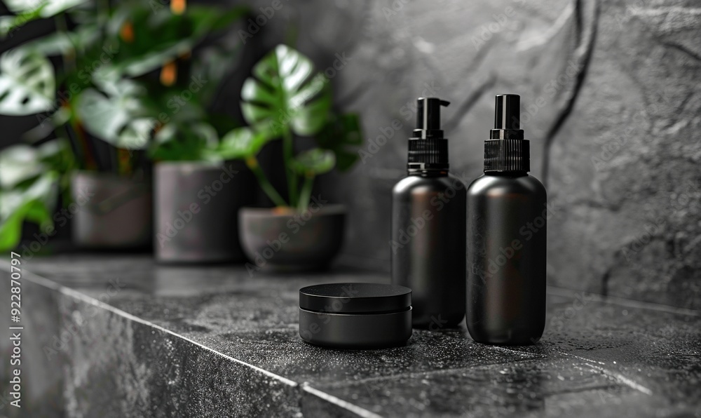 black cosmetic bottles set on stone table men s beauty products concept. black cosmetic bottles set on stone table men s beauty products concept.