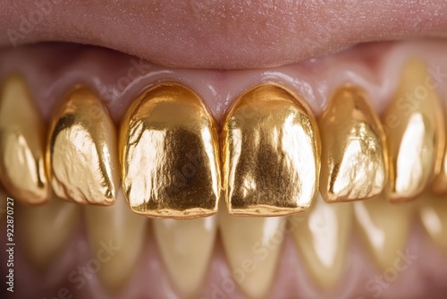 A visually striking closeup image of gold grills adorning teeth, highlighting a trendy and stylish dental accessory photo