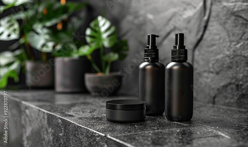 Wallpaper Mural black cosmetic bottles set on stone table men s beauty products concept. Torontodigital.ca