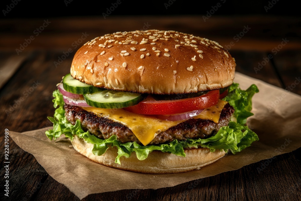 Fresh, delicious burgers with a beef patty, lettuce, onions, tomatoes and cucumbers. with generative ai Fresh, delicious burgers with a beef patty, lettuce, onions, tomatoes and cucumbers. with generative ai