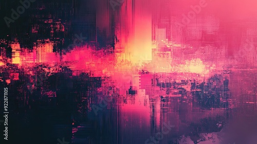 Abstract Digital Art with Pink and Yellow Hues and Grid Pattern