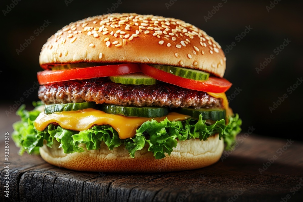 Fresh, delicious burgers with a beef patty, lettuce, onions, tomatoes and cucumbers. with generative ai Fresh, delicious burgers with a beef patty, lettuce, onions, tomatoes and cucumbers. with generative ai