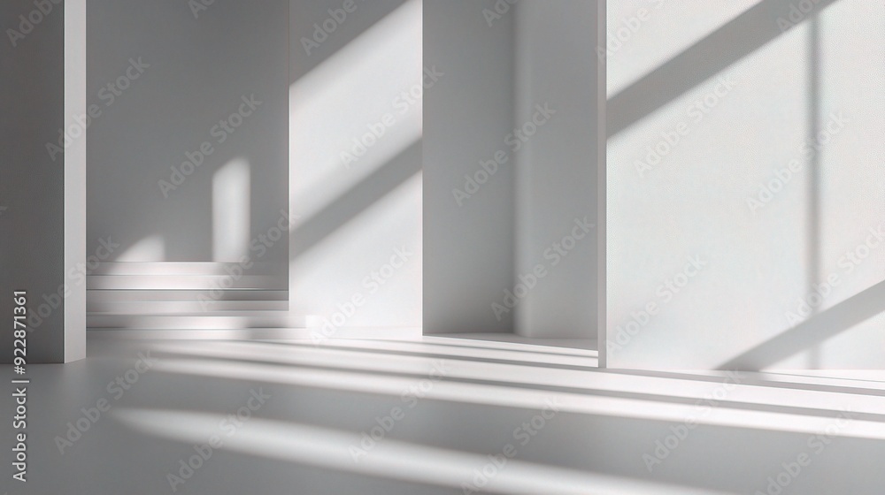 Obraz premium Sunlight Illuminates Minimalist Interior: A serene and modern space bathed in the soft glow of sunlight streaming through large windows.