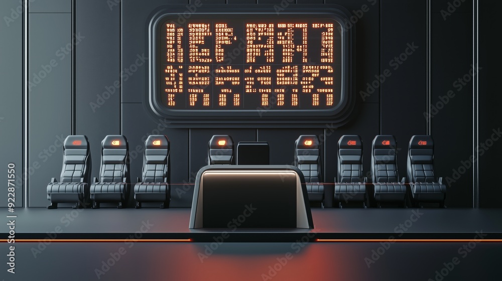 Obraz premium A photo of a 3D podium with stadium seats and a large scoreboard in the background, isolated on a dark gray background