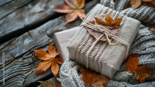 Zero waste gift concept with autumn design. Warm sweaters, fall leaves, thematic decor. Soft light, old wooden boards background, close up