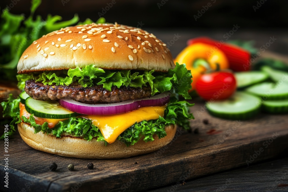 Fresh, delicious burgers with a beef patty, lettuce, onions, tomatoes and cucumbers. with generative ai Fresh, delicious burgers with a beef patty, lettuce, onions, tomatoes and cucumbers. with generative ai
