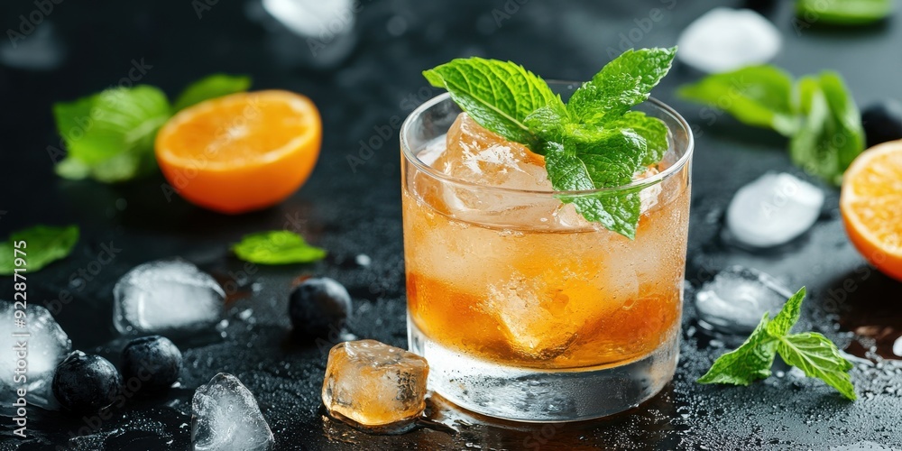 Refreshing cocktail garnished with mint, served on a dark surface with ice and citrus fruits. Perfect for summer vibes. Refreshing cocktail garnished with mint, served on a dark surface with ice and citrus fruits. Perfect for summer vibes.