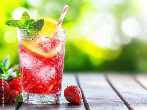 Refreshing summer drink featuring strawberries, mint, and lemon in a sparkling glass against a vibrant garden background.