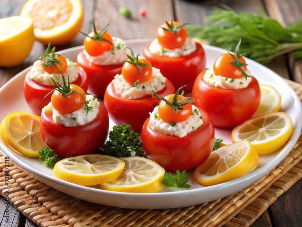 Fresh smoked salmon and cream cheese fill vibrant tomatoes, garnished with dill and chives, served on a platter with crackers and lemon wedges for a delightful appetizer. Fresh smoked salmon and cream cheese fill vibrant tomatoes, garnished with dill and chives, served on a platter with crackers and lemon wedges for a delightful appetizer.