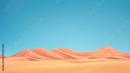 A serene desert landscape with rolling sand dunes under a clear blue sky.