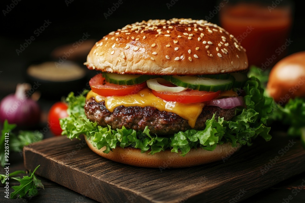 Fresh, delicious burgers with a beef patty, lettuce, onions, tomatoes and cucumbers. with generative ai Fresh, delicious burgers with a beef patty, lettuce, onions, tomatoes and cucumbers. with generative ai
