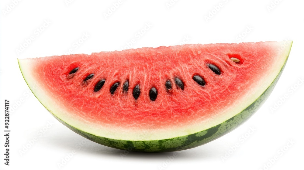 A fresh slice of watermelon with black seeds, isolated on white background. A fresh slice of watermelon with black seeds, isolated on white background.