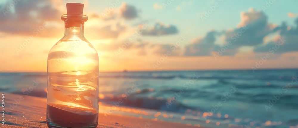 Glass bottle filled with sand close up, focus on, copy space Soft beige shades Double exposure silhouette with beach scenery