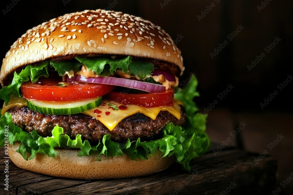 Fresh, delicious burgers with a beef patty, lettuce, onions, tomatoes and cucumbers. with generative ai Fresh, delicious burgers with a beef patty, lettuce, onions, tomatoes and cucumbers. with generative ai