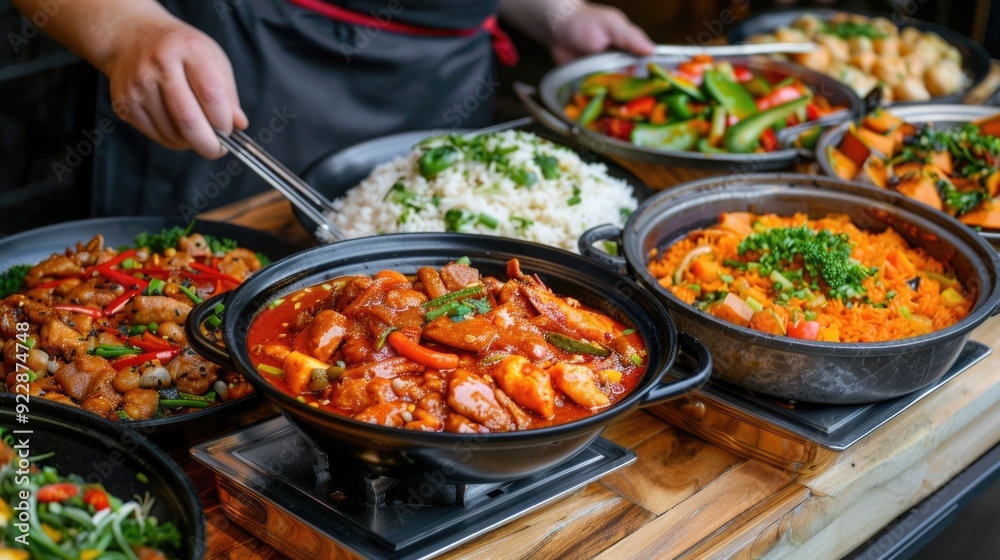 Obraz premium A captivating multicultural dining experience showcasing a variety of flavorful and diverse dishes served on a wooden table creating an inviting and appetizing atmosphere
