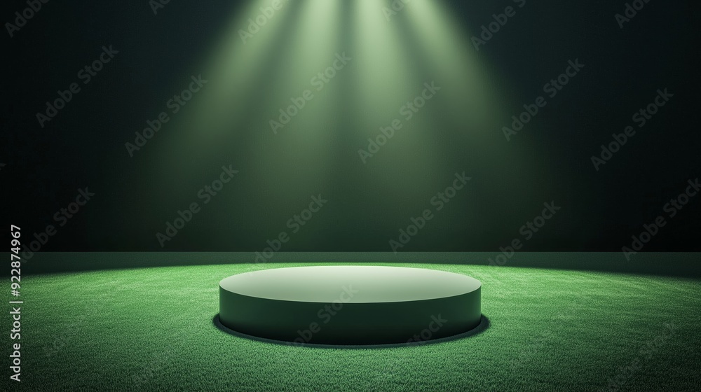 A photo of an empty 3D podium in the center of a football stadium, with bright stadium lights shining down, isolated on a dark green background