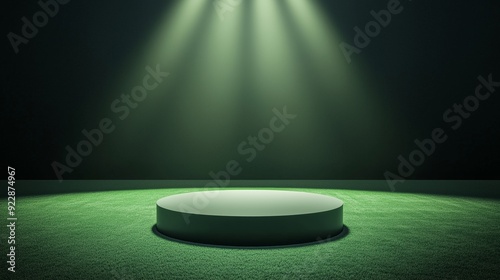 A photo of an empty 3D podium in the center of a football stadium, with bright stadium lights shining down, isolated on a dark green background