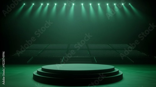 A photo of an empty 3D podium in a football stadium with fireworks in the sky, isolated on a dark green background