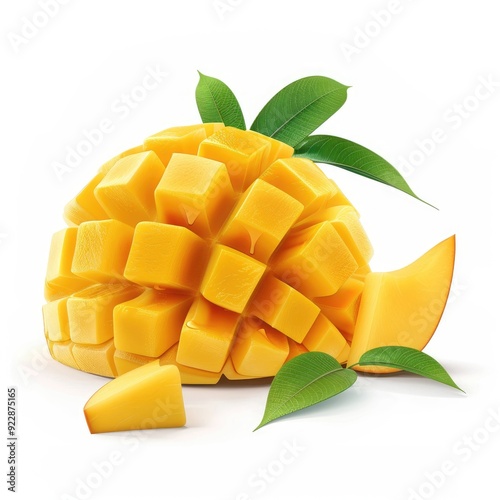 A whole mango cut into cubes with a slice and leaves on a white background.