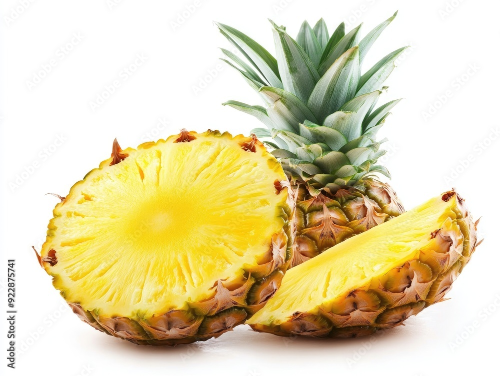 A whole pineapple and two slices isolated on white background. A whole pineapple and two slices isolated on white background.