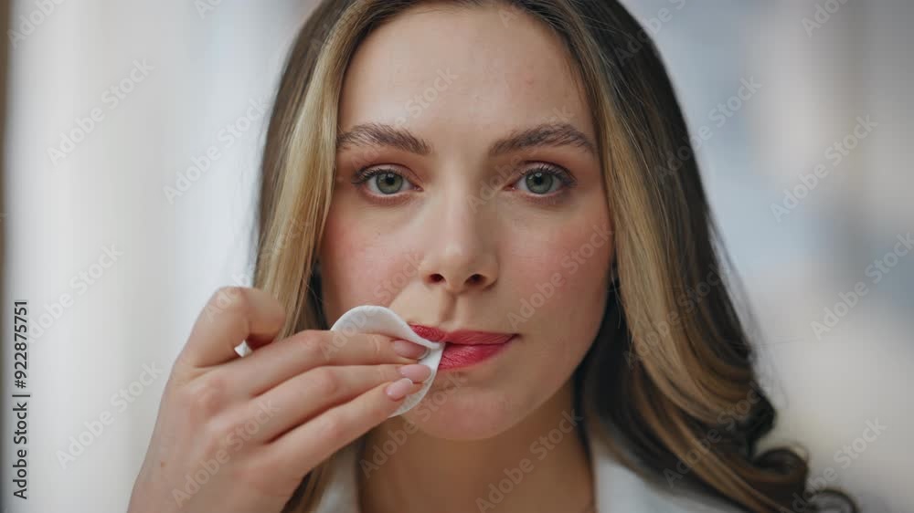 Portrait woman wiping lipstick looking camera at home. Lady removing visage Portrait woman wiping lipstick looking camera at home. Lady removing visage