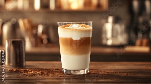 A tall glass of latte with a latte art design, on a wooden surface, surrounded by a scattering of coffee grounds.