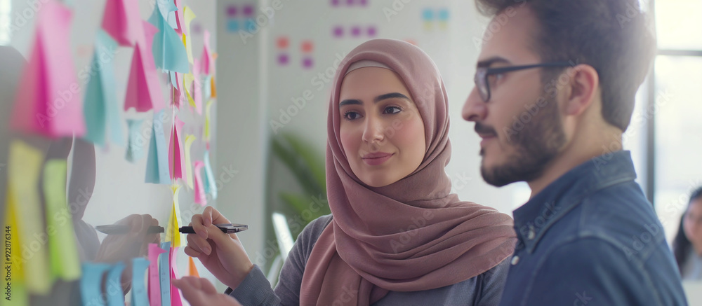Arab Office Meeting: Brainstorming Ideas on Whiteboards with Sticky Notes
Arab Office Meeting: Brainstorming Ideas on Whiteboards with Sticky Notes