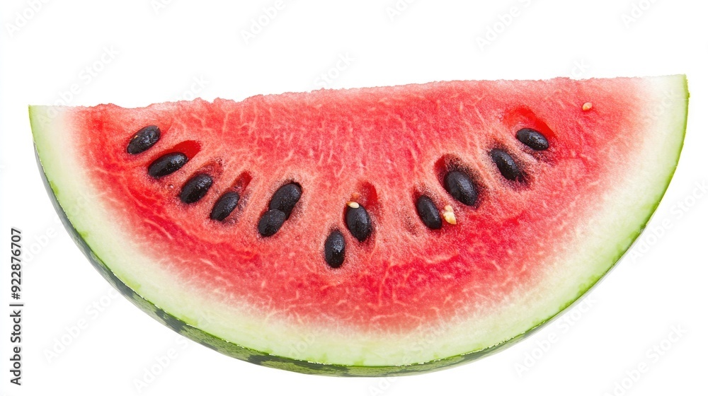 Close-up of a fresh watermelon slice with black seeds against a white background. Close-up of a fresh watermelon slice with black seeds against a white background.
