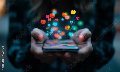 Hands holding smartphone with floating heart and smiley icons. Social media and communication concept for design photo