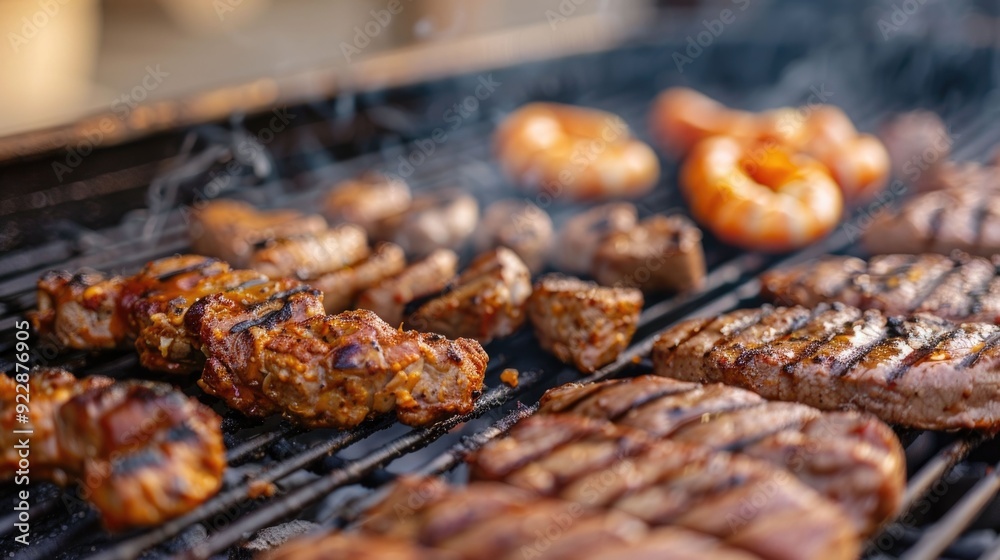 Sizzling Outdoor BBQ Party with Grilled Meat and Vegetables over Flames Juicy char grilled food sizzling on an open grill with smoke and licking flames Sizzling Outdoor BBQ Party with Grilled Meat and Vegetables over Flames Juicy char grilled food sizzling on an open grill with smoke and licking flames
