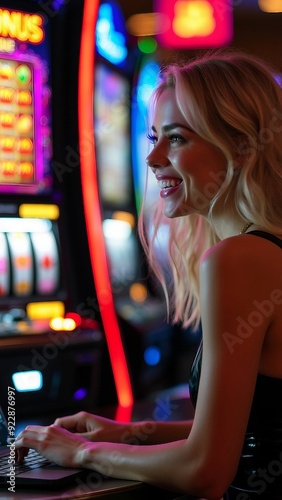 Smiling Woman Enjoying Slot Machine Play at a Casino