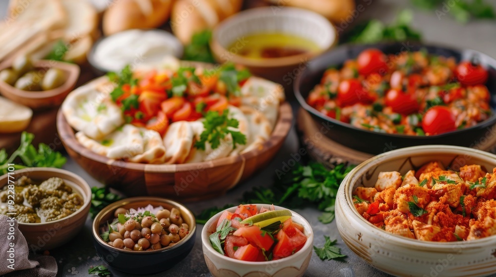 A group of Arab friends gathered around a table sharing a variety of small Mediterranean mezze dishes including salads dips olives and freshly baked bread The deep depth of field creates a cozy A group of Arab friends gathered around a table sharing a variety of small Mediterranean mezze dishes including salads dips olives and freshly baked bread The deep depth of field creates a cozy