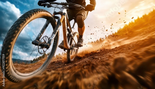 Mountain biking on rugged trails, vibrant scenery, thrilling ride, dynamic action photo