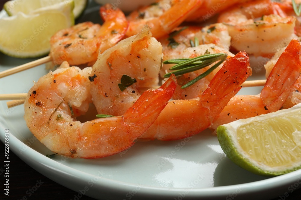 Skewers with delicious grilled shrimps served on plate, closeup Skewers with delicious grilled shrimps served on plate, closeup