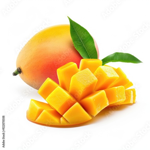 Fresh ripe mango with green leaf and slices on a white background.