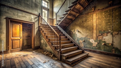 Lonely wooden staircase left abandoned in a forgotten room , abandoned, vintage, neglected, forgotten, old, interior, architecture