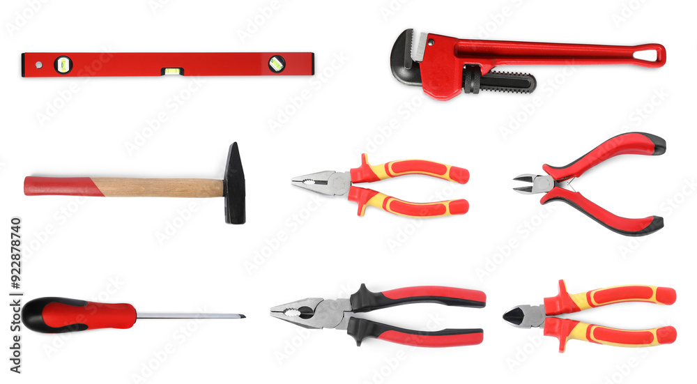 Set of different construction tools on white background, top view Set of different construction tools on white background, top view