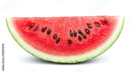 Close-up of a juicy watermelon slice with black seeds.