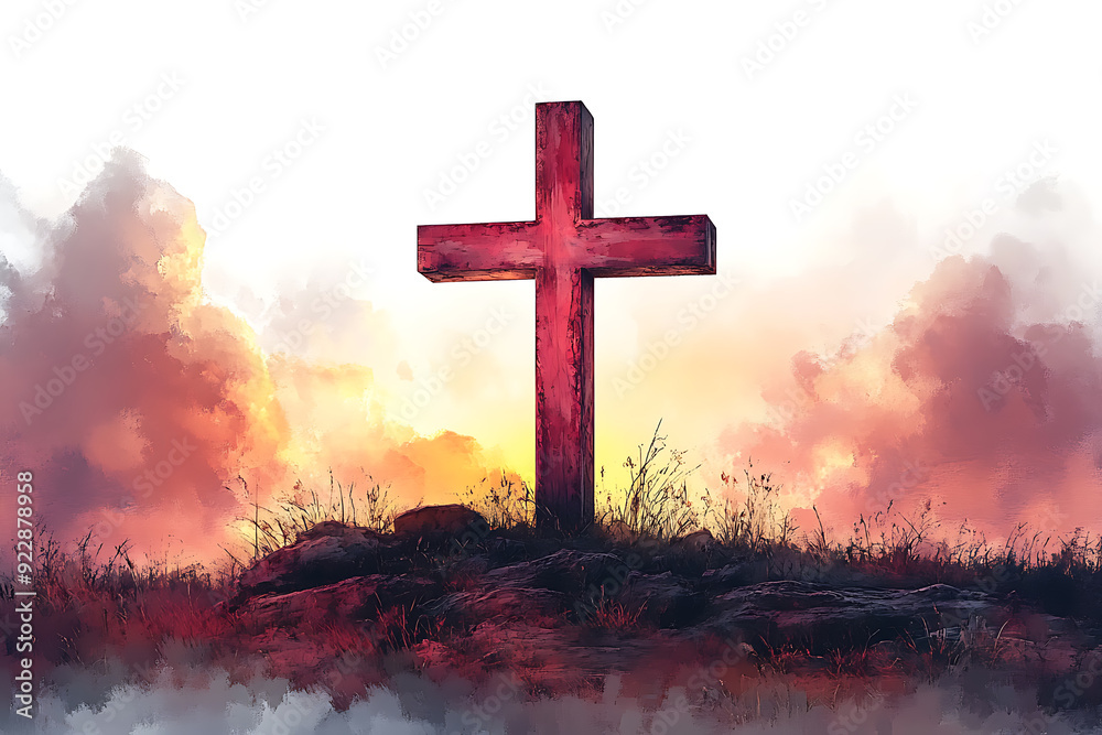 Obraz premium Minimalistic illustration of a black cross centered on a plain white background, emphasizing simplicity and contrast. 