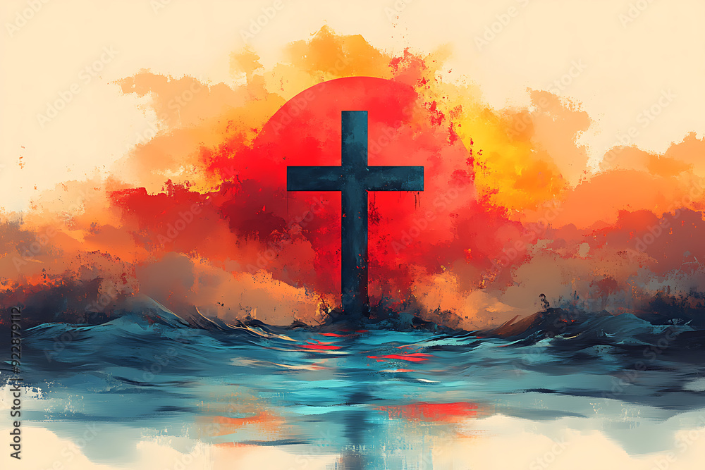 Obraz premium Minimalistic illustration of a cross centered on a plain , emphasizing simplicity and contrast. 