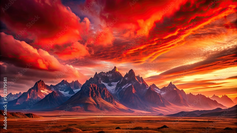Naklejka premium Red landscape with majestic mountains and a vibrant red sky, mountains, landscape, red, sky, vibrant, scenic, nature