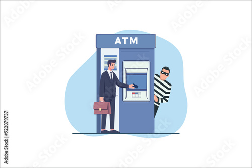 Thief or burglar stealing money from ATM. Man in the mask with money. Criminal character. Isolated illustration in cartoon style