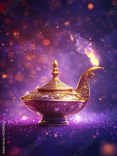 Golden magic lamp on bright and purple background with generative ai