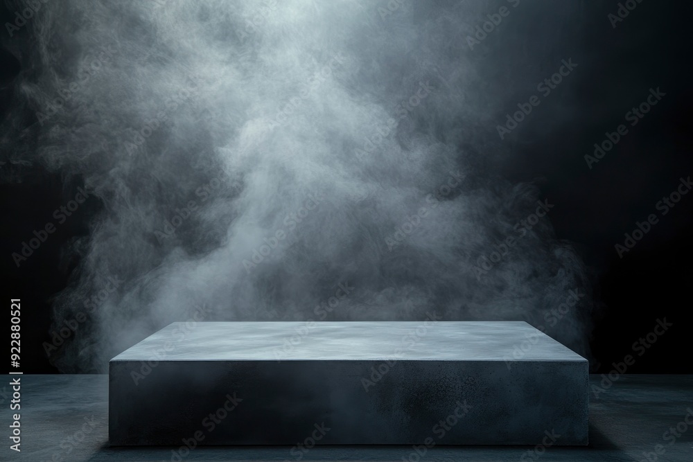 Gray textured concrete platform, podium or table with smoke in the dark with generative ai Gray textured concrete platform, podium or table with smoke in the dark with generative ai